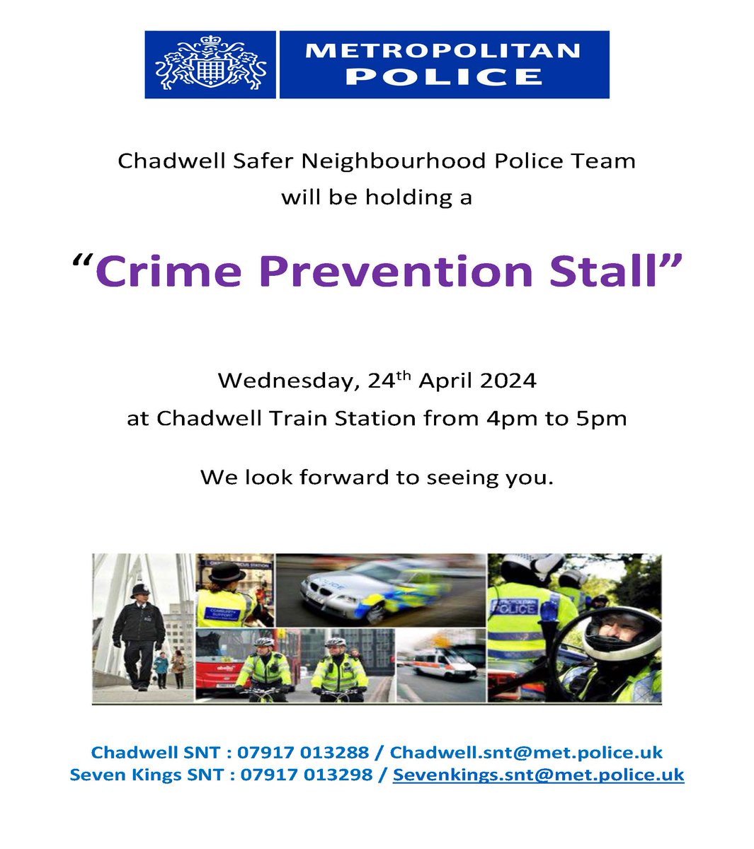 Join @MPSChadwell @MPSSevenKings today 4pm-5pm  at Chadwell Train Station for our latest #CrimePrevention Stall #VAWG #CommunityEngagement @LocalCrimeBeats @essex_crime @MPSRedbridge #7206EA