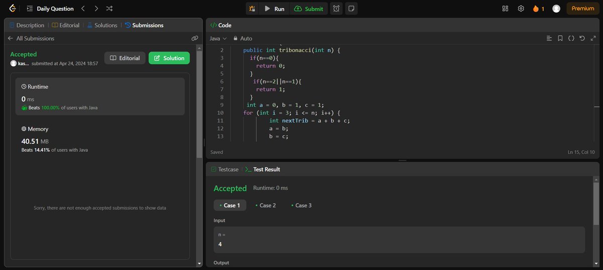 #Day18 of #100DaysOfCode 
🌟LeetCode Challenges: Let's Crush Some Problems! 
Problem 1: N-th Tribonacci Number ✅  
Ready to tackle more! 
#leetcode #ProblemSolving #CodingJourney