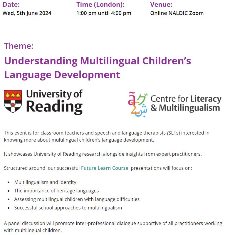 Calling all #sltpeeps! @UniRdg_CeLM and @EAL_naldic are hosting a free online CPD workshop 'Understanding Multilingual Children’s Language Development' on 5th June 1-4pm: tinyurl.com/mr34xhd4 @readingSLTsoc @ludoserratrice @naomiflynn61 @drhollyjoseph