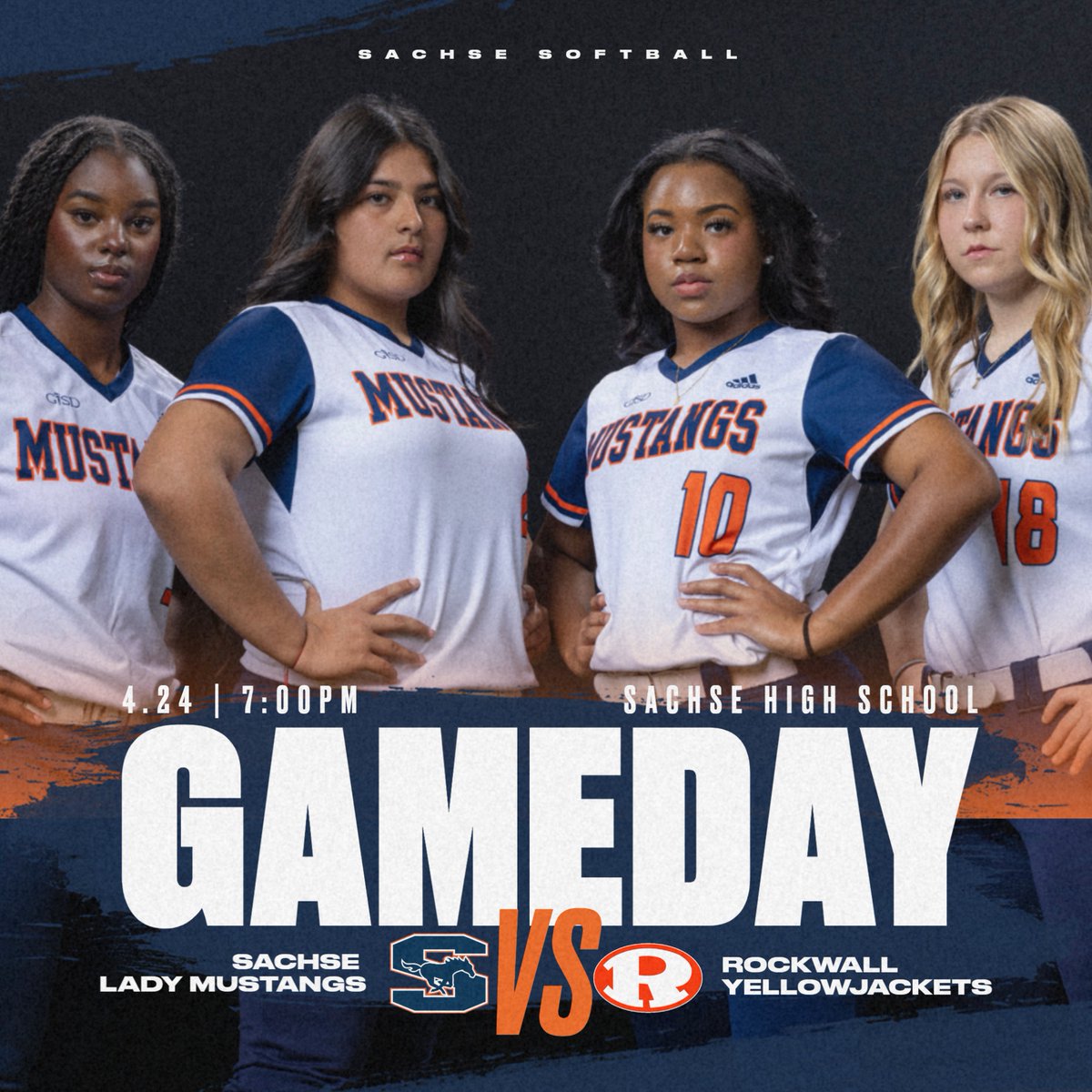It's a playoff softball GAMEDAY 🚨 Game 1 is at OUR PLACE tonight, come out, wear NAVY and get ROWDY ❗️ 🗒️ UIL Bi-District 🆚 Rockwall (10-6A) 🕖 7:00 PM 📍 Sachse, TX #LadyStangSB x #TNT