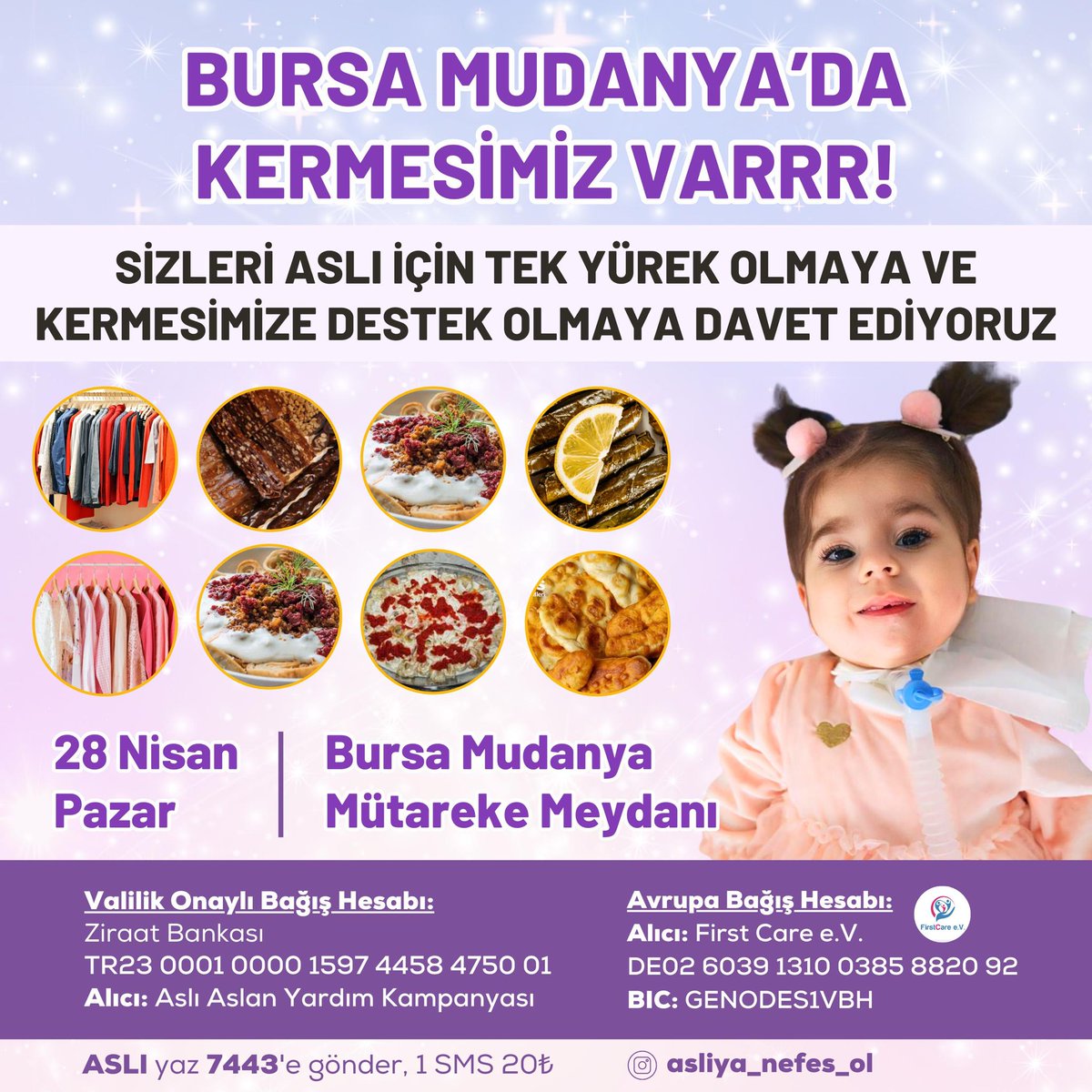 BURSA MUDANYA'DA ASLI İÇİN KERMESİMİZ VAR💜BİR NEFES DE SİZ OLUN BURSA HALKI. 
Kermesimize katılmanızı, mücadelemize ortak olmanızı canı gönülden istiyoruz🌼Kermesimizde birbirinden lezzetli ev yemekleri,hediyelik eşyalar, el emeği ürünler sizleri bekliyor🥰 
Herkesi bekliyoruz🤍