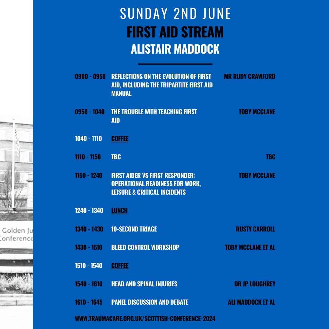 On Sunday 2nd June, we welcome Alistair Maddock to the Golden Jubilee Hotel in Glasgow to chair the First Aid Stream, at the Scottish Trauma Care Conference 🏴󠁧󠁢󠁳󠁣󠁴󠁿 You can see the fantastic programme below or go to buff.ly/3JA4auS to find out more! #FirstAid #TraumaCare