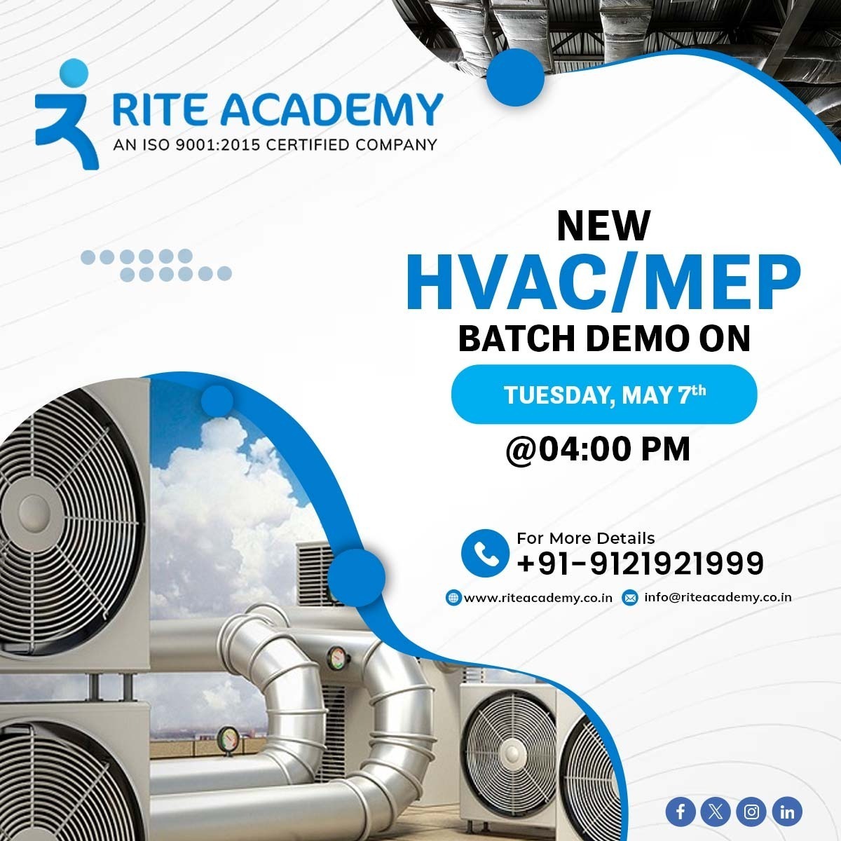 Hey, you! Ready to level up your skills? Don't miss the FREE demo of HVAC/MEP #course in Hyderabad on May 7th.

Visit our website to secure your reservation or give us a call to register at the Best #HVAC and #MEP training Academy in #Hyderabad.

#mep #mepcourse #riteacademy