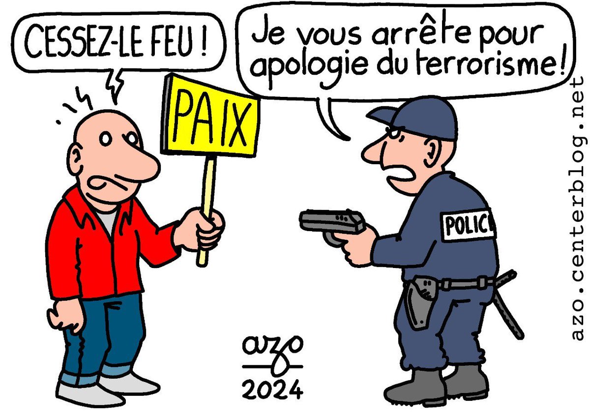 L_insoumission's tweet photo. 🔴 En France, si vous prônez la paix, la Police vous convoque pour « apologie du terrorisme »

Après Rima Hassan, candidate LFI pour les européennes du 9 juin, Mathilde Panot a également été convoquée par la Police pour « apologie du terrorisme ». La raison ? Appeler au cessez-le-feu et à la paix au Proche-Orient.

Les services de l'État sont instrumentalisés pour bâillonner, salir et réprimer toute voix qui proteste face au génocide en cours à Gaza, surtout celle des insoumis, premiers opposants à Emmanuel Macron.

Les crayons de l’Insoumission, par Azo.