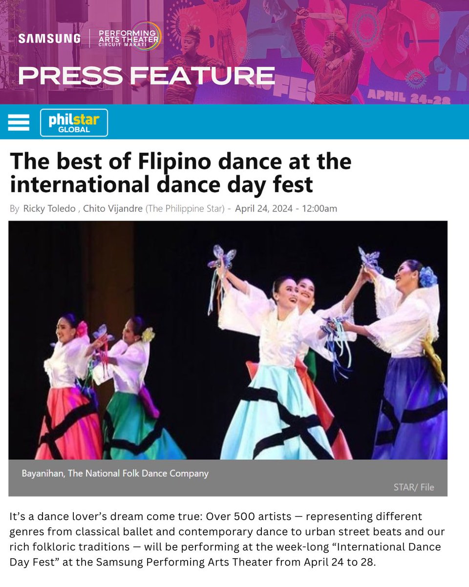 'It’s a dance lover’s dream come true.' 
- @philstarnews

Catch the International Dance Day Fest as it commences its weeklong celebration! 💃

#InternationalDanceDayFest #LiveIsBetter #SamsungPerformingArtsTheater #AyalaLandAndSamsungForTheArts #WhereExtraordinaryHappens