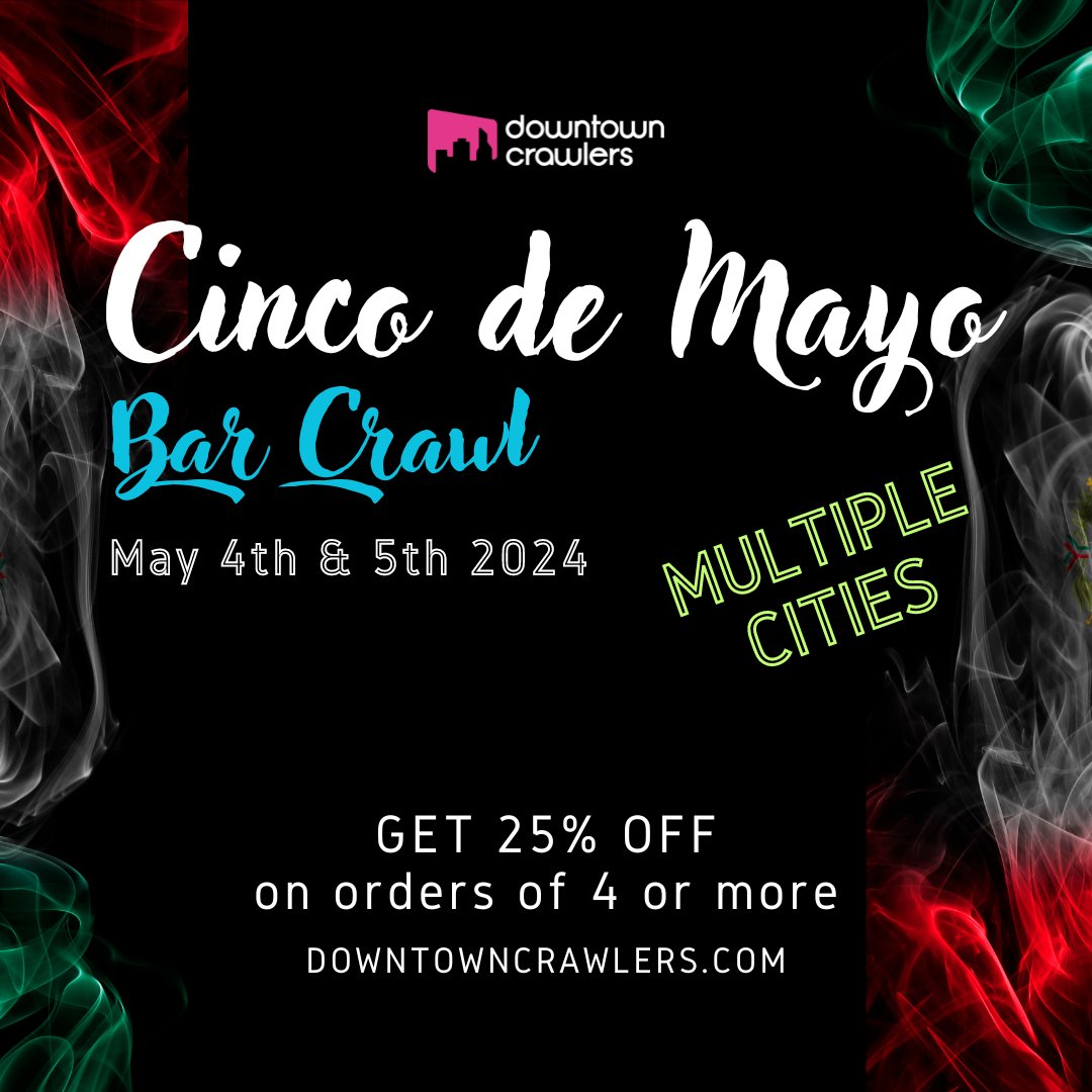 Celebrate #CincoDeMayo with us! Time to shift into fiesta mode. Relax from the daily grind with smiling people, a cold cerveza and a few tequilas.
Get your tickets early - this Crawl sells out every year!

downtowncrawlers.com/cinco-de-mayo/