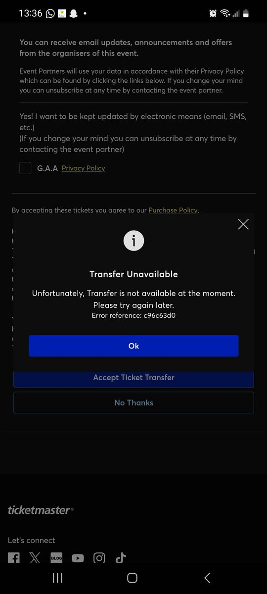 AhernMarian's tweet photo. @TMIrelandHelp I'm having trouble accepting a ticket transfer. I keep getting an error message! Please help https://t.co/L1vLqYqrgy