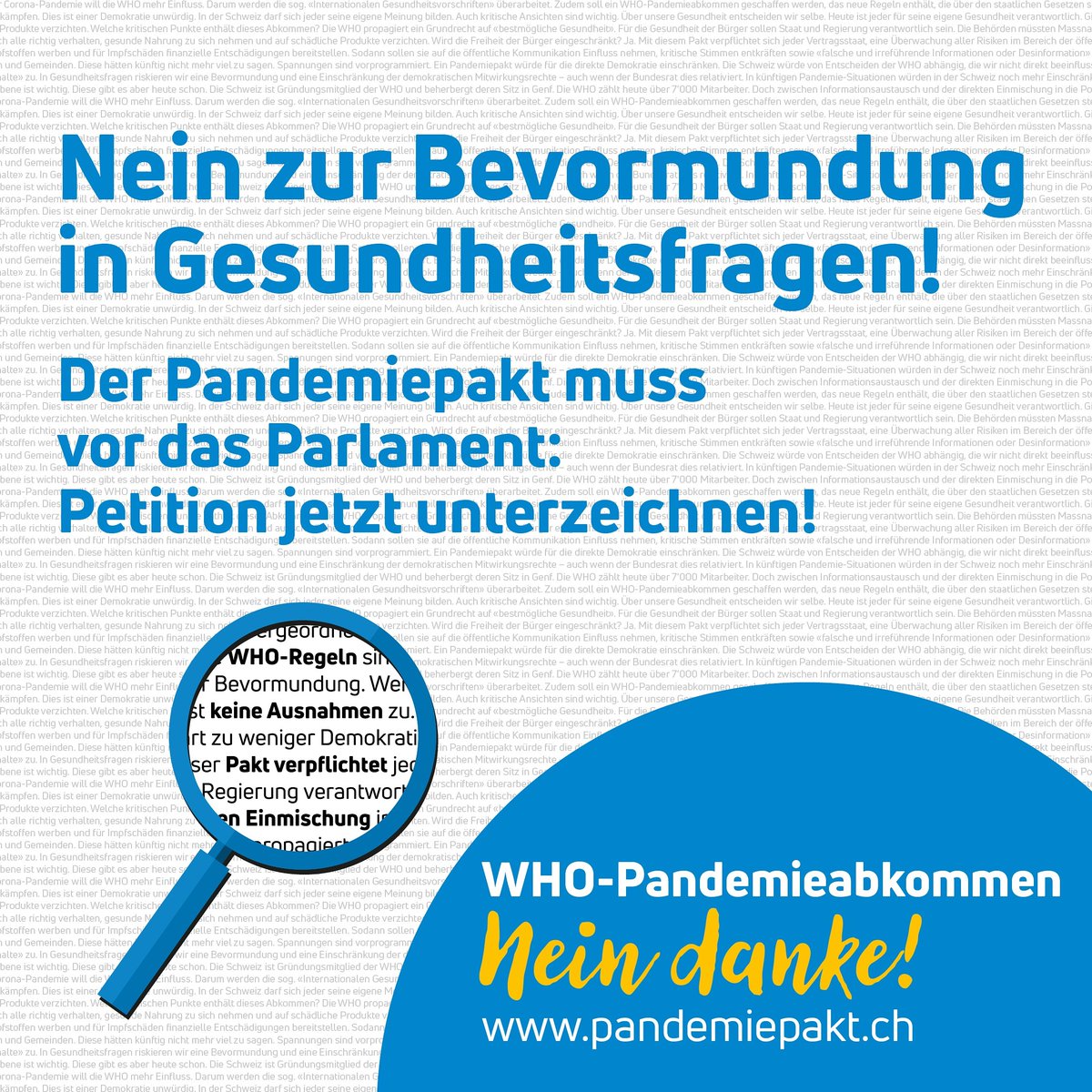 Der #Pandemiepakt der WHO greift massiv in unsere Demokratie und den Föderalismus ein. Der #Bundesrat darf diesen Entscheid nicht ohne das Parlament und die Stimmbevölkerung fassen. 🧐

Linkt zur Petition: pandemiepakt.ch/petition/

#ProSchweiz #WHO #Pandemiepakt #ParlCH #Schweiz