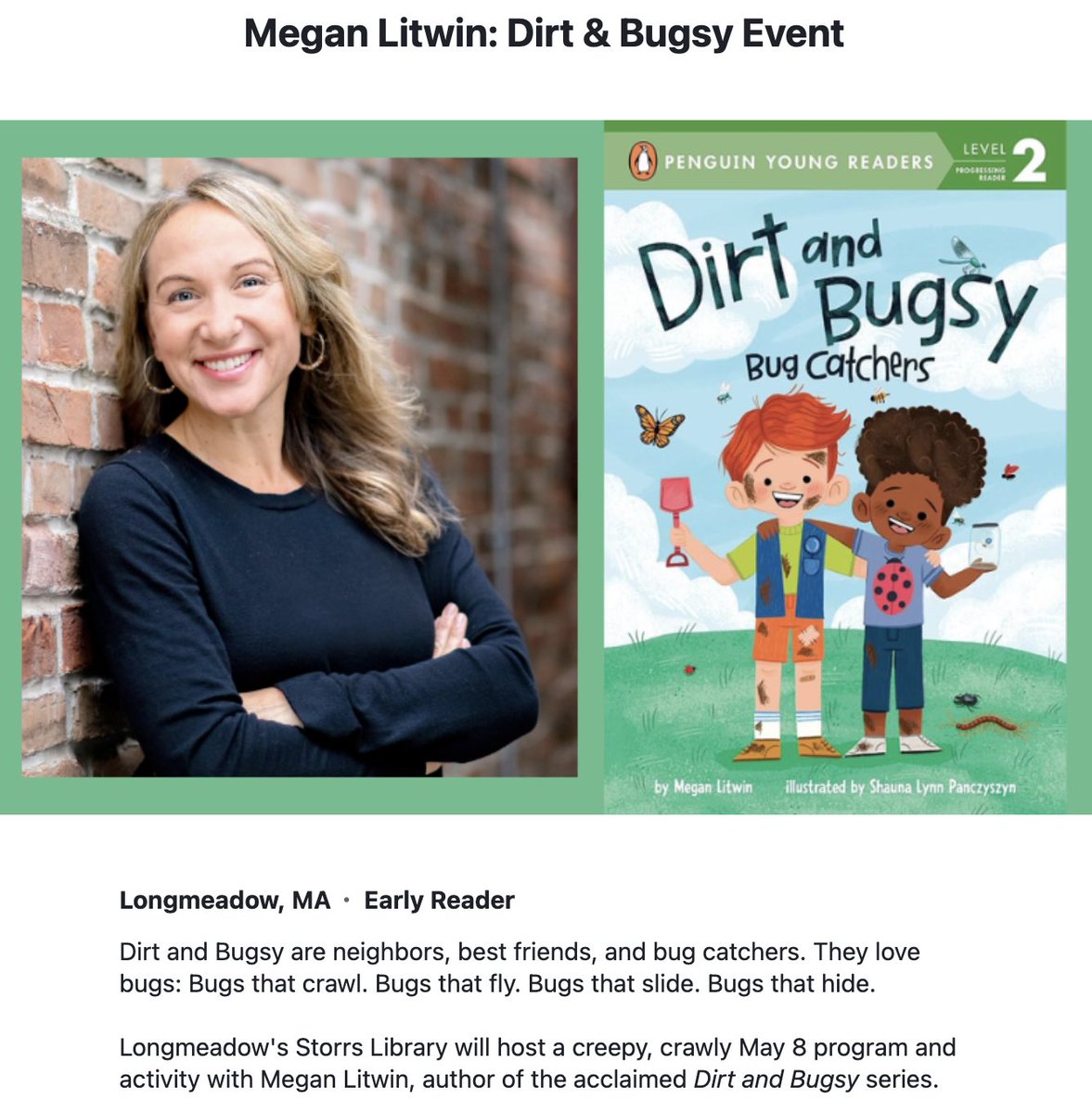 Hey Massachusetts friends! Join me on May 8th at 3:30 at Longmeadow’s @StorrsLibrary for storytime + creative bug fun!! 🐝🐛🦋

Thanks to @MassBook for inviting Dirt and Bugsy to be part of the new #MassKidsLitFest during #ChildrensBookWeek! Details here:

makidslitfest.org/festival-calen…