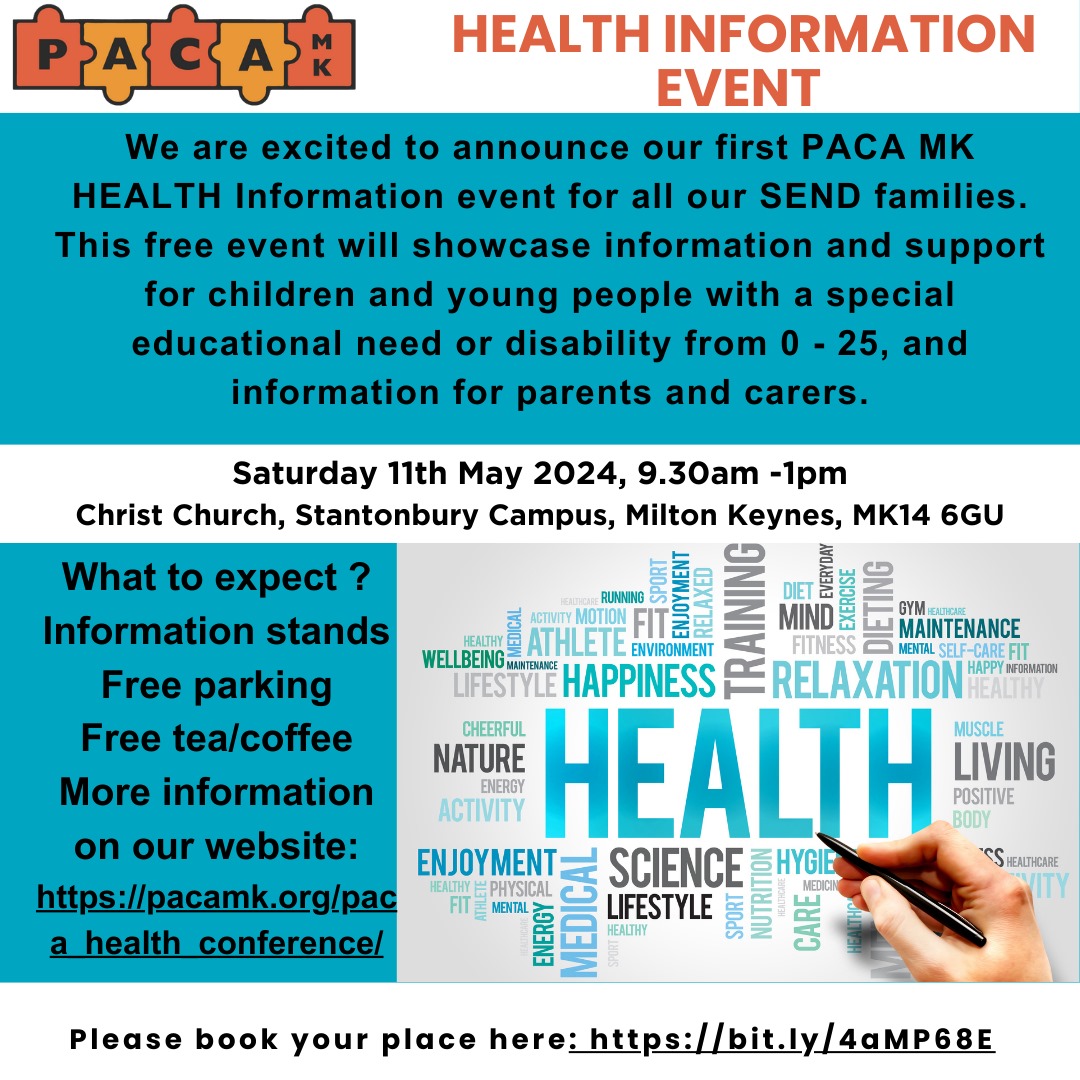 Join us at our Health Information Event on Sat 11 May, 9.30am -1pm At Christ Church, Stantonbury Campus, Milton Keynes, MK14 6GU
Please book via this link bit.ly/4aMP68E