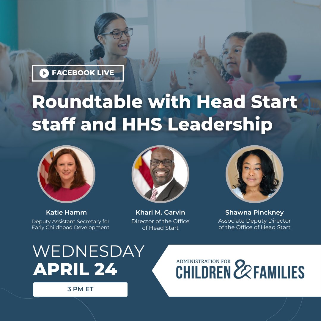 TODAY! 📢 Don’t forget to join us for a Facebook Live Roundtable with HHS Leadership and Head Start Staff to discuss the essential role they play in the care economy. More information here: fb.me/e/1EmXXYqEl #CareWeek