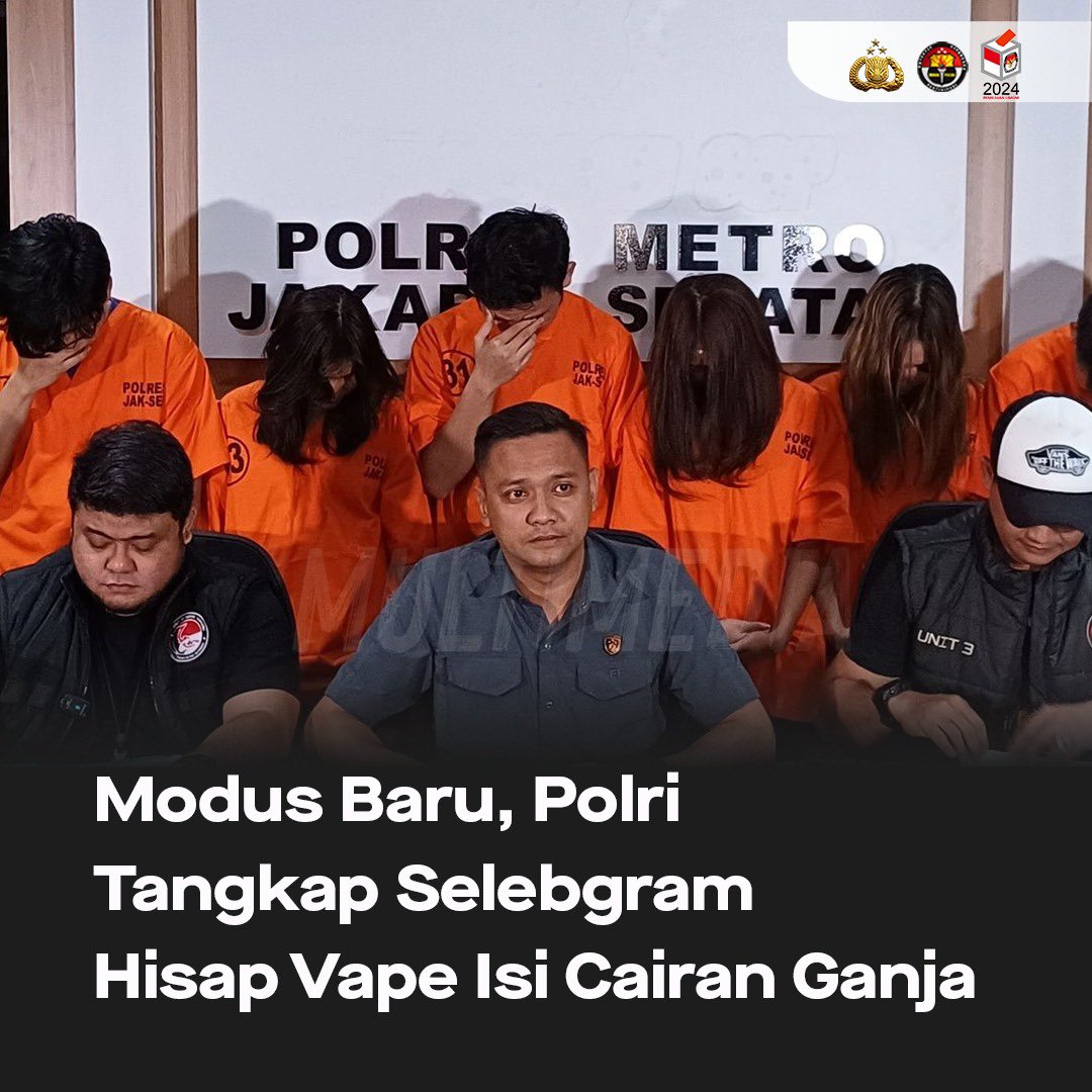 Modus Baru, Polri Tangkap Selebgram Hisap Vape Isi Cairan Ganja Polri melalui Polres Metro Jakarta Selatan telah mengamankan selebgram CC (20) karena penyalahgunaan narkotika. Tersangka CC ditangkap bersama lima temannya berinisial AT (24), NJ (22), AMO (22), BB (25), HJ (27)