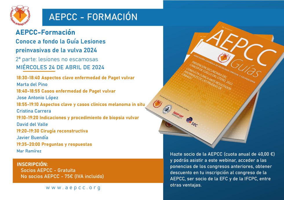 aepccolposcopia's tweet photo. No te pierdas esta tarde la 2ª parte del webinar sobre lesiones preinvasivas de la #vulva!
Hablaremos sobre lesiones no escamosas (enf #Paget y #melanoma in situ) y sobre técnicas de #biopsia y cirugía #reconstructiva
Te esperamos 🤗 https://t.co/cHLmxUHWkI
