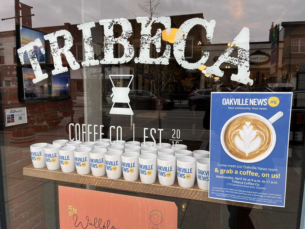 Oakville News is on site at Tribeca Coffee this morning! Come and say hello and have a coffe or tea on us until 11 a.m.!