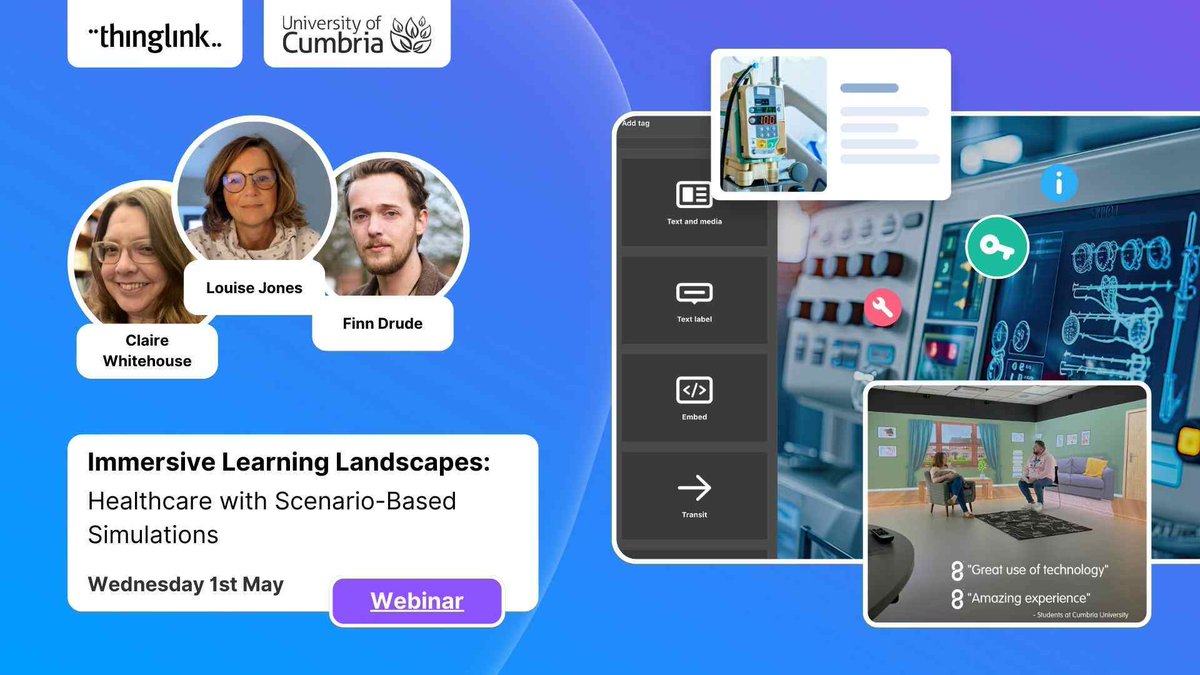 👀 Wednesday Webinar Alert! Immersive Learning Landscapes: Healthcare 🩺 with Scenario-Based Simulations, with University of Cumbria Digital Health Simulation Team @DigiSimUoC 
📅 Wed 1 May
⏰ 9am PDT/12pm EDT/5pm BST/6pm CEST/7pm EEST
📍Register at hubs.ly/Q02tV7xM0