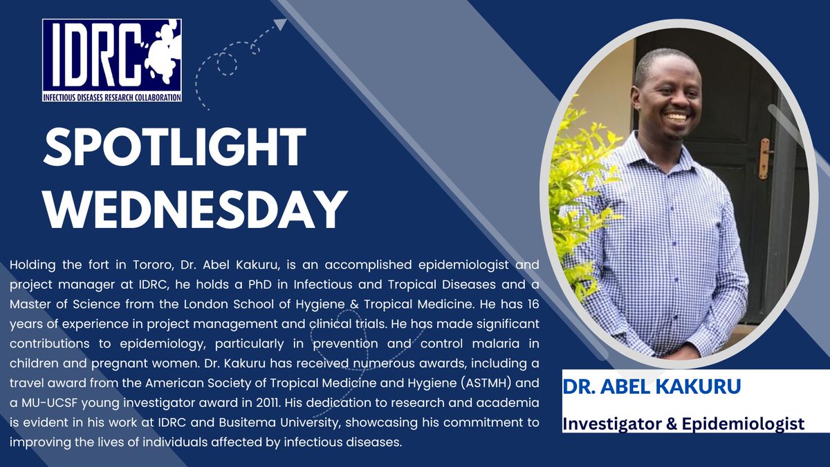 This #SpotlightWednesday, we're honored to highlight Dr. Abel Kakuru, an accomplished epidemiologist and project manager at IDRC. His work in malaria prevention and control, especially for children and pregnant women, has been truly impactful. #MalariaControl #PublicHealth
