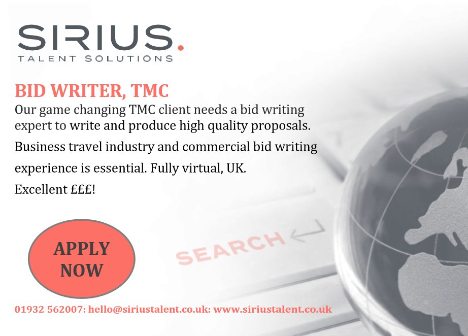 siriustalent.co.uk
#siriustalent #siriustalentsolutions #businesstravel #corporatetravel #businesstraveljobs #corporatetraveljobs #traveljobs #bidwriter