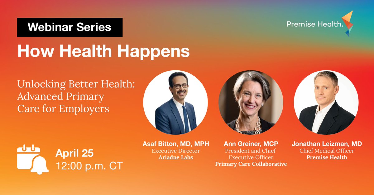 Tomorrow, PCC's Ann Greiner joins Jonathan Leizman and Asaf Bitton for a @PremiseHealth webinar exploring how employers can leverage primary care more effectively to promote a happier, healthier workforce. Register now: info.premisehealth.com/how-health-hap…