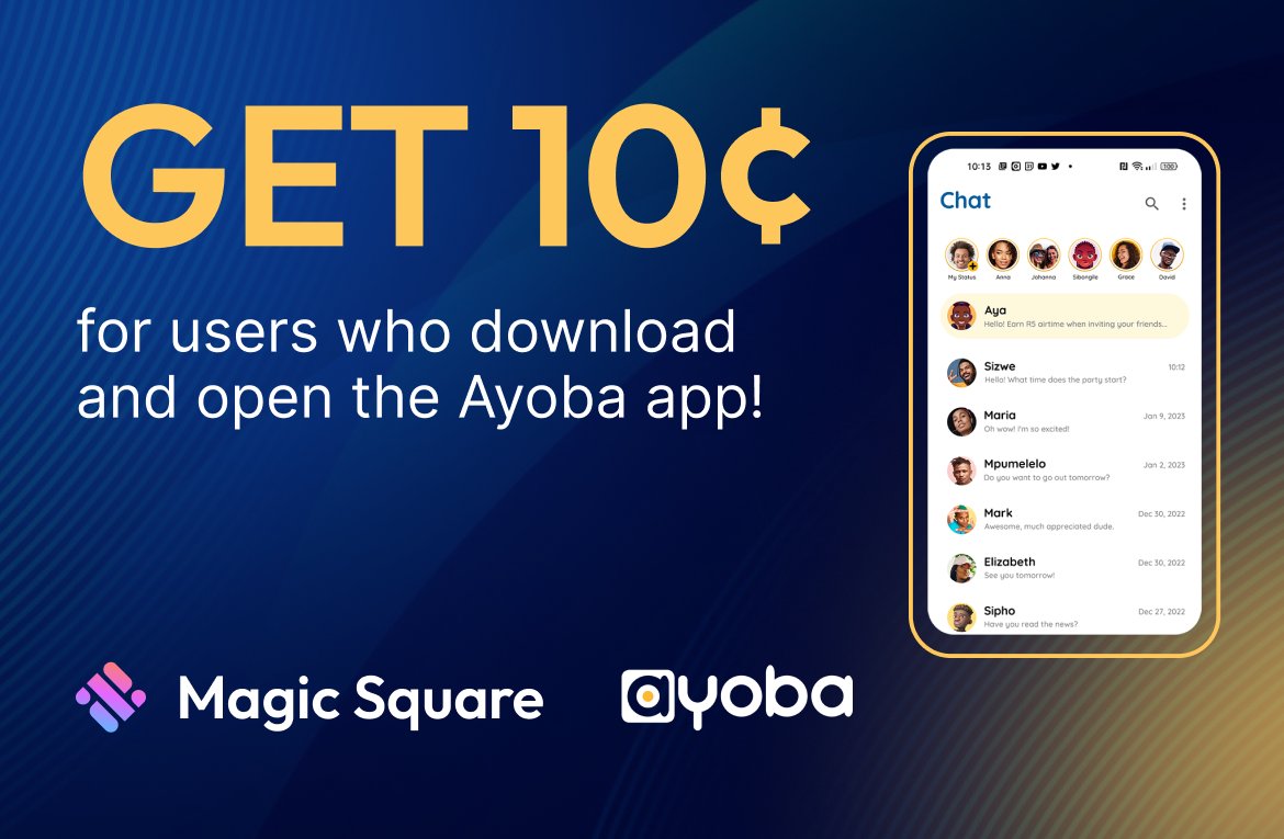 🚨 New Offer is Live on Magic Boost - Ayoba App 🚨

💰 What needs to happen to receive a commission:

🤑 Get 10¢ for users who download and open the Ayoba app!

💸 Commission Amount: 10¢

🌎 Available: Cameroon

📱 Device: Android Only

👉 Sign Up: magic.store/magic-boost