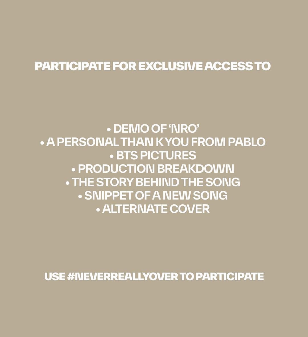 pablobrookshqs's tweet image. NEVER REALLY OVER IS OUT &amp;amp; to celebrate we have something exciting to share with you! Join us on the Never Really Over Challenge Itinerary to unlock some exclusives from behind the scenes 👀⚡️
Make sure to use #NeverReallyOver and tag @pablobrookshqs in your completed challenges