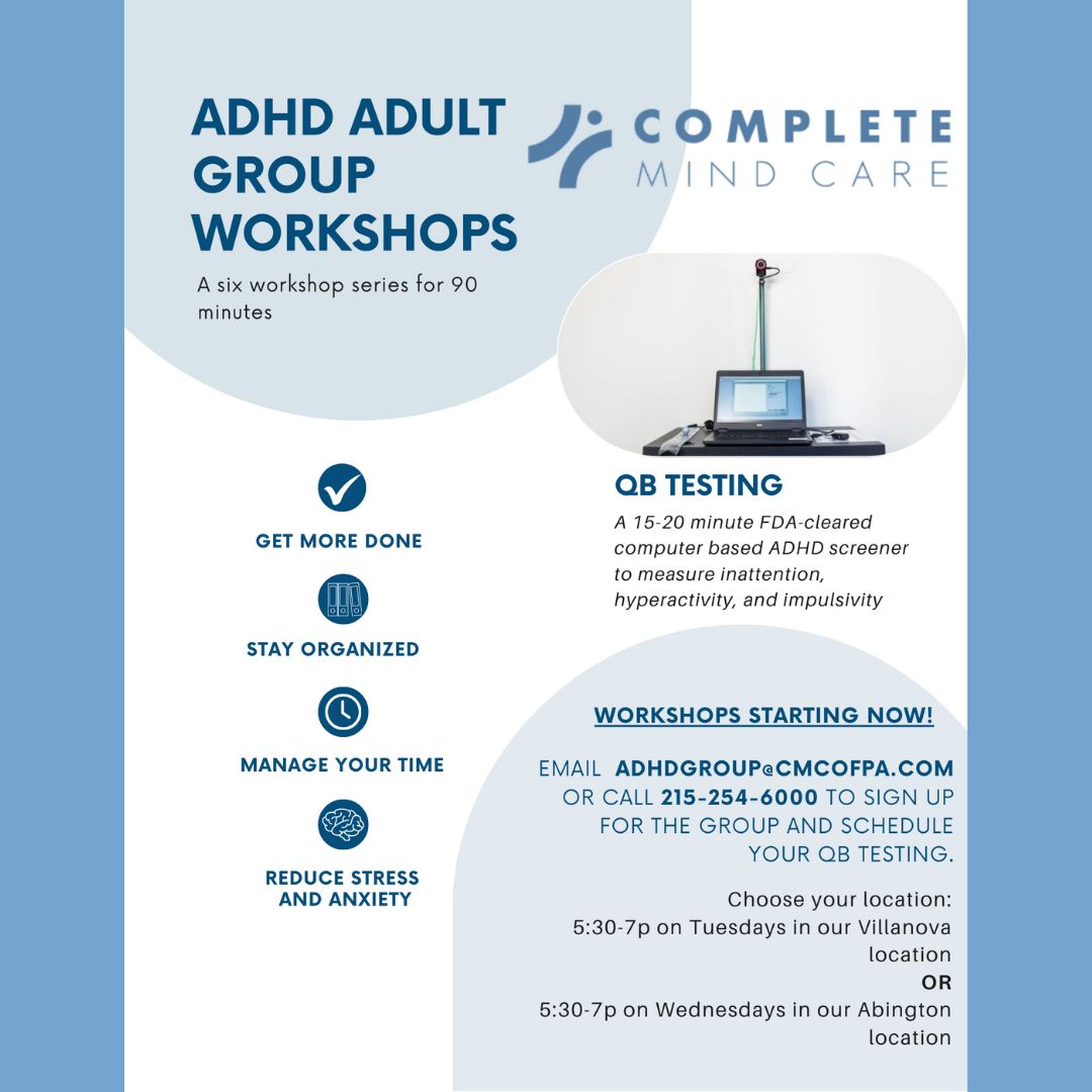 Ready to manage your ADHD and feel more in control of your life?  Our Adult Group Workshops will empower you with knowledge and practical tools.  Sign up today!  #ADHD #AdultADHD #TakeAction

Contact:

Phone: 215-254-6000
Let me know if you have any other edits!