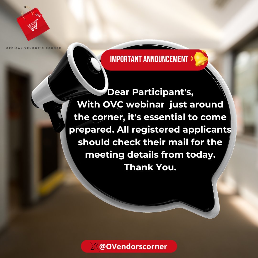 OVendorscorner's tweet photo. Hello Participants,
Notice! Notice!! Notice!!!
#OVCwebinar
#Ovendorscorner https://t.co/8pqz8EAYt8