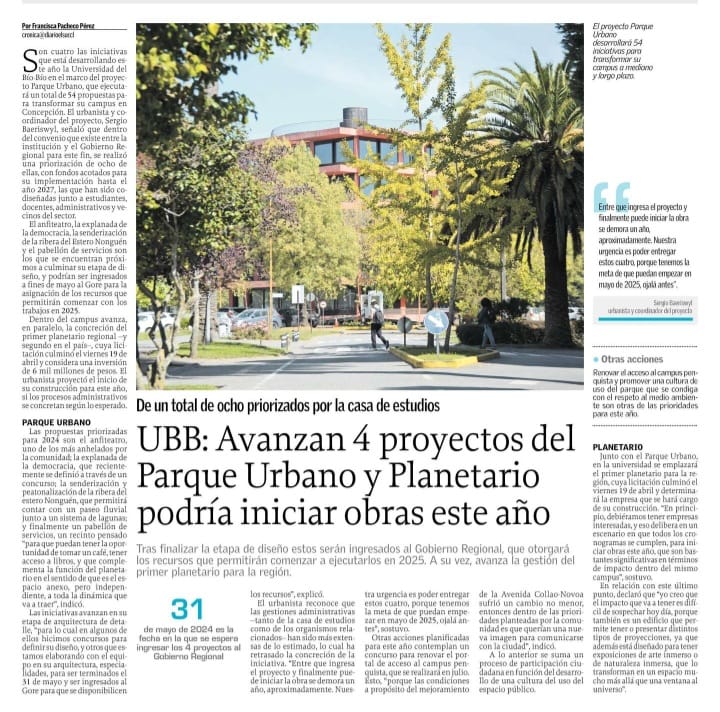 #UBBenPrensa UBB: Avanzan 4 proyectos del Parque Urbano y Planetario podría iniciar obras este año elsur.cl/impresa/2024/0…