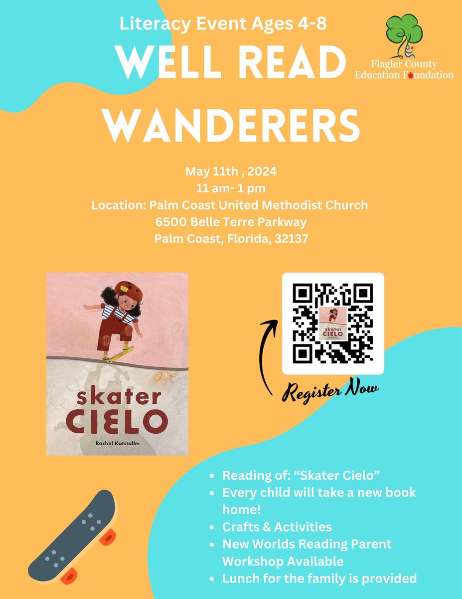 Join us for our Well Read Wanderers Literacy Event on May 11th from 11am to 1pm.
We will read 'Skater Cielo'!
Sign-up required: buff.ly/3PBFKEI 

#makeithappen #wellreadwanderers #literacyforall