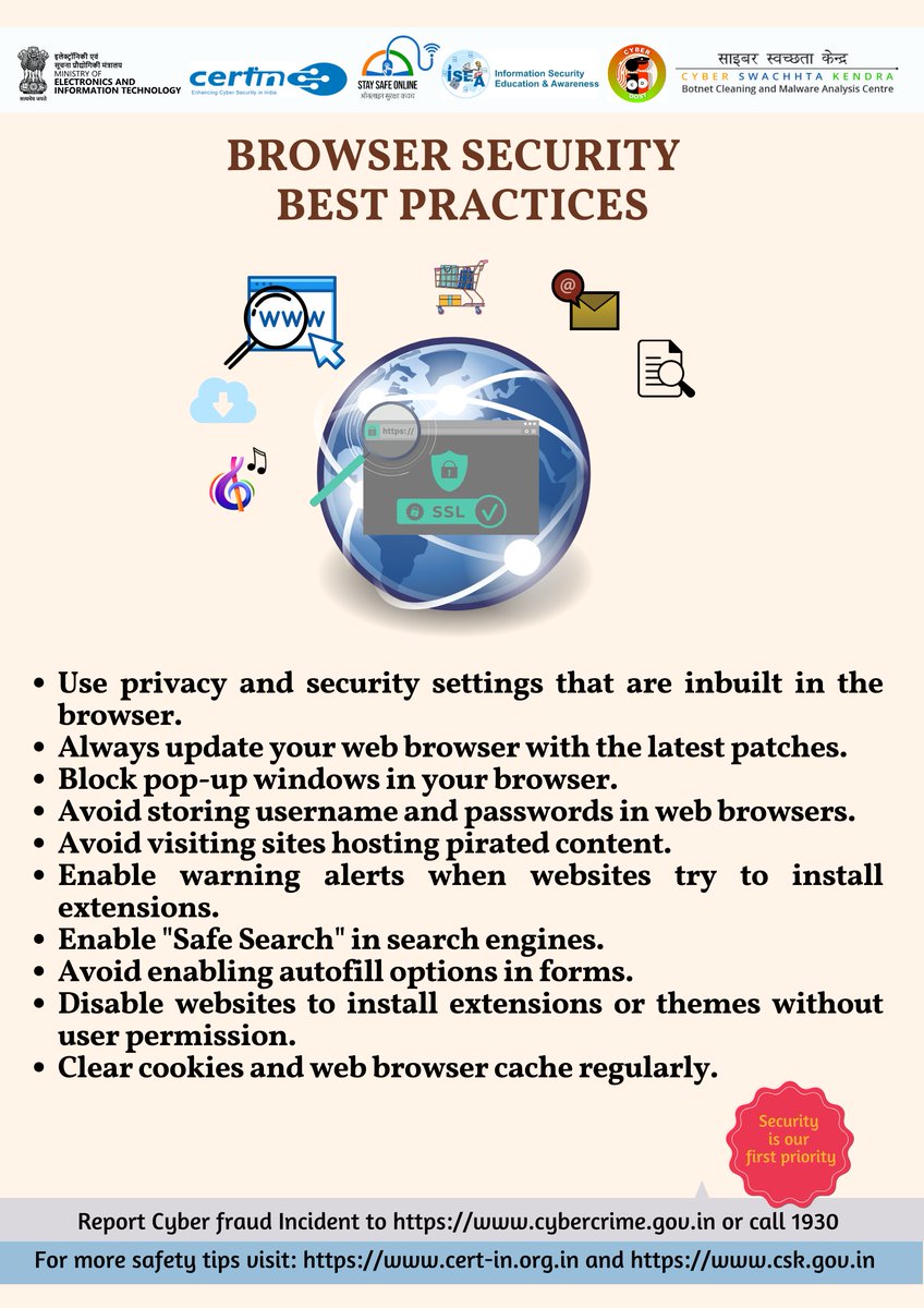 Safety tip of the day: Always update your web browser with the latest patches.
#indiancert #cyberswachhtakendra #staysafeonline  #cybersecurity  #besafe #staysafe #mygov #Meity 
#onlinefraud #cybercrime #scamming #cyberalert #CSK #cybersecurityawareness