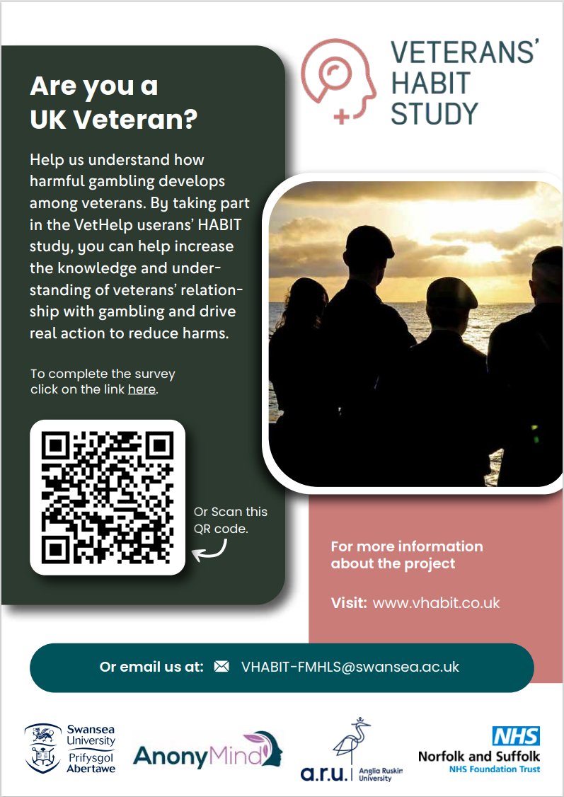 Please consider supporting this study into gambling habits in veterans to develop actions to reduce harms. A collaboration between @SwanseaUni @AngliaRuskin @AnonyMindOnline @NHS. Learn more about how you can get involved here: vhabit.co.uk/get-involved.