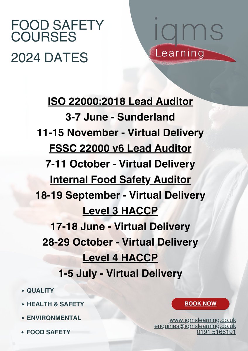 Did you know #iqmslearning offer #FoodSafetyTraining courses? Take a look at our upcoming course dates for #BRCGS #22000 and #HACCP training - to book now visit iqmslearning.co.uk today.
#iqmslearning #cqi #irca #foodsafety #fssc #iso22000 #brc