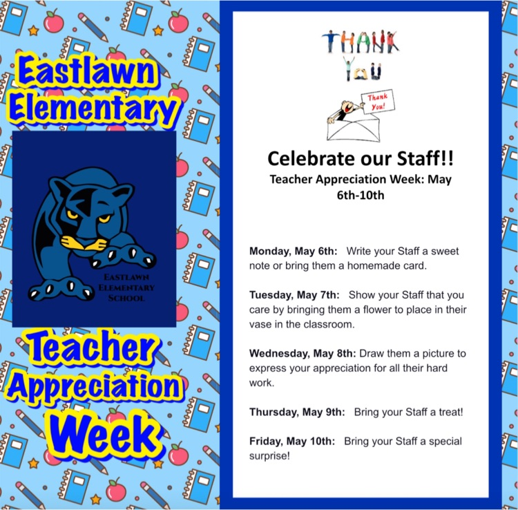 Eastlawn Family! Teacher Appreciation Week is May 6th-10th. If you are able to assist please use the links. For items: signupgenius.com/go/60B0849AAA9… For Volunteers signupgenius.com/go/60B0849AAA9…