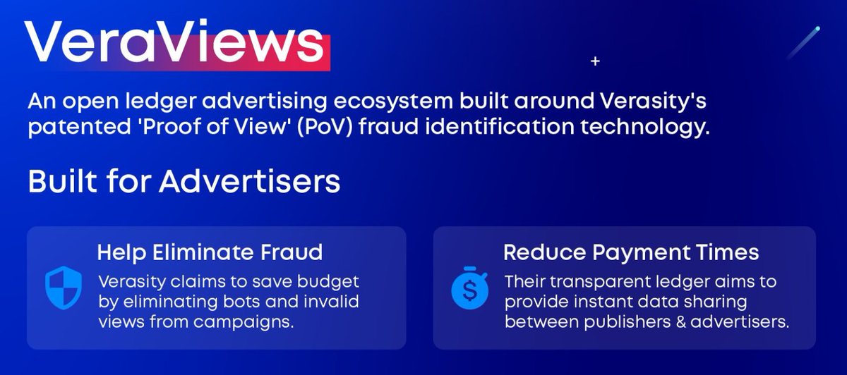 #VERAVIEWS - AN OPEN LEDGER ADVERTISING ECOSYSTEM BUILD AROUND #VERASITY'S PATENTED 'PROOF OF VIEW'(POV) FRAUD INDETIFICATION TECHNOLOGY !

LETS GO $VRA 🚀🚀