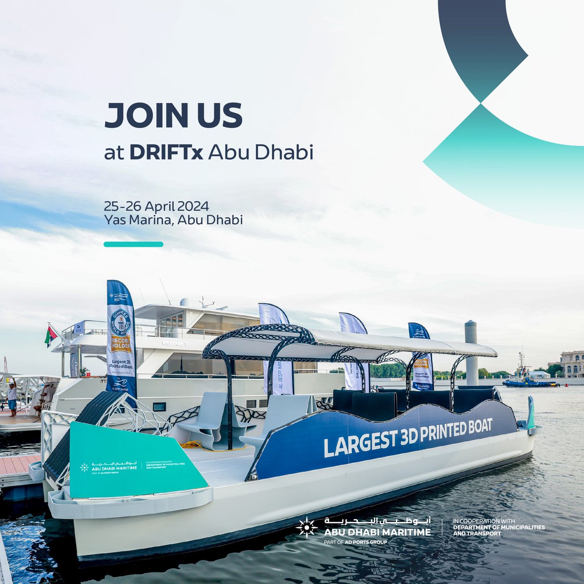 Join us at @DRIFTx_AD Abu Dhabi at Yas Marina, between 25 -26 April 2024. An international thought-leadership and exhibition platform pioneering the latest innovations and applications in smart, autonomous, and sustainable urban mobility across air, land, and sea. #ADMaritime