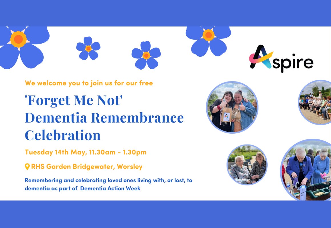 Join Aspire for this free event to remember and celebrating loved ones living with, or lost, to dementia. Held in the beautiful surroundings of the RHS Bridgewater wellbeing garden. More info: lght.ly/jk1mgkk #DementiaActionWeek