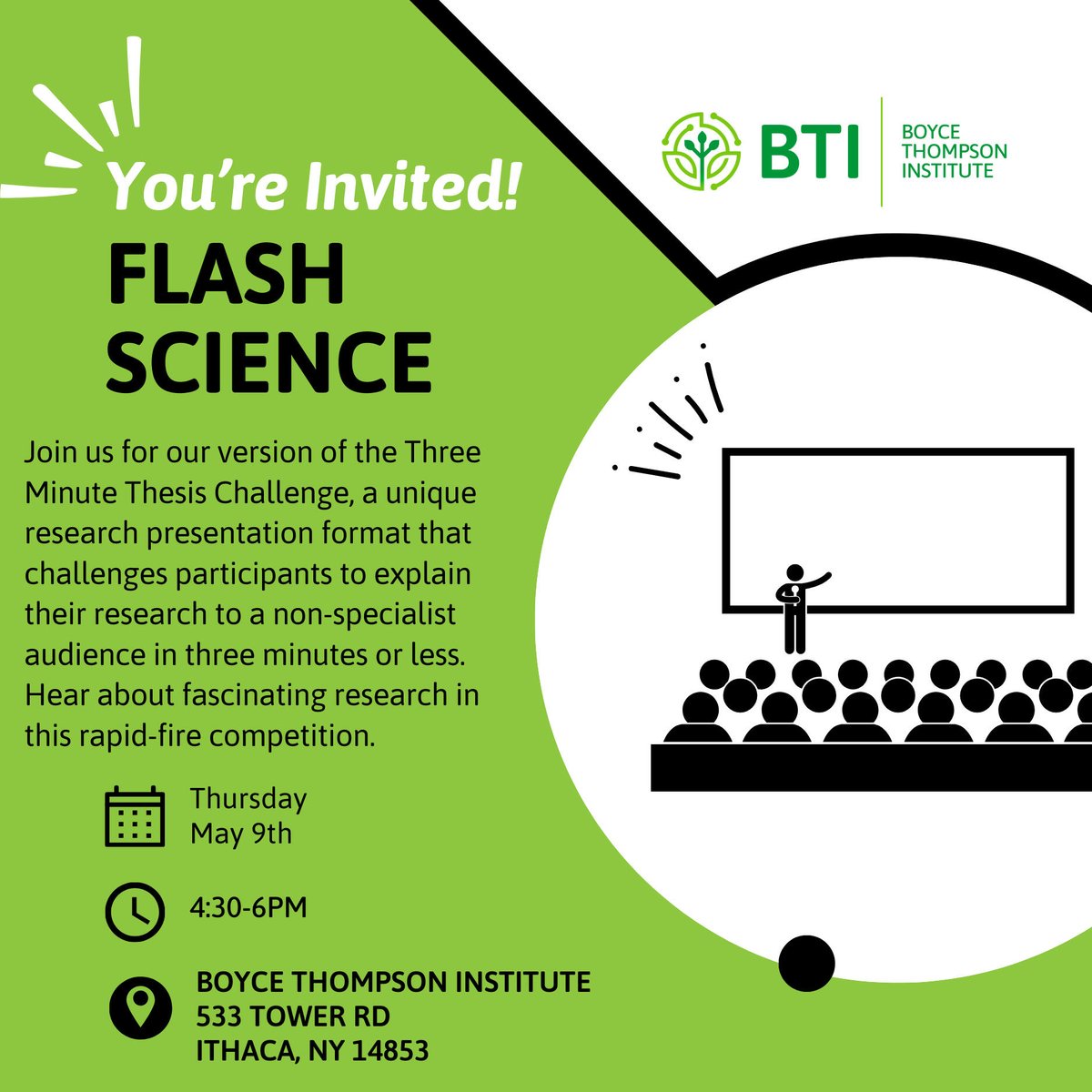 Join us for Flash Science on 5/9!💡🌱This exciting format challenges participants to explain their research to a non-specialist audience in three minutes or less. Think Shark Tank, but for science!🧪🔬 Online and in-person! Learn more and register here: 100.btiscience.org/#flashscience
