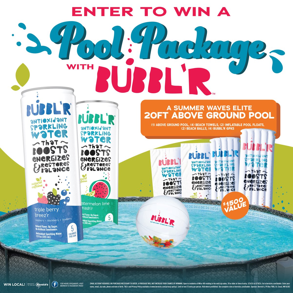 ☀️ ENTER TO WIN ☀️ We're giving you a chance to win your way to a backyard of fun! You could win a $1,500 Bubbl'rific pool prize pack! Enter to win at: bernicks.co/3PIB27Q