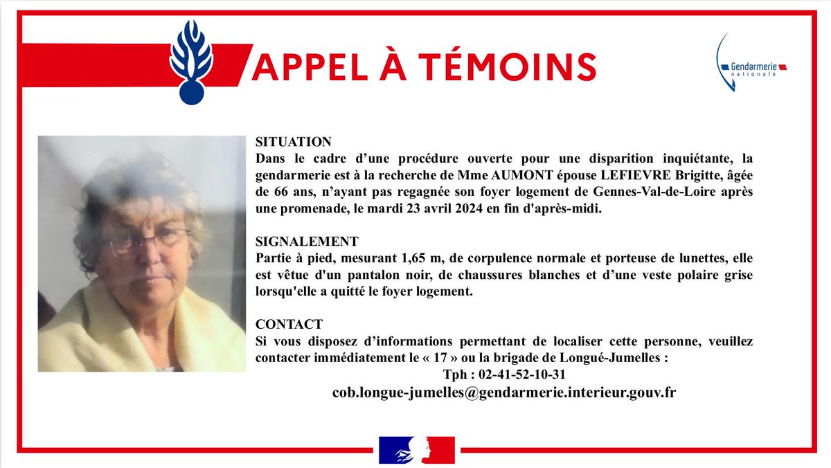 [Appel à témoins] 
#DisparitionInquietante à Gennes-Val-de-Loire (49).
La gendarmerie de @LongueJumelles signale la disparition d'une femme de 66 ans.
Faites le 17 ou le 02.41.52.10.31 si vous avez des informations.