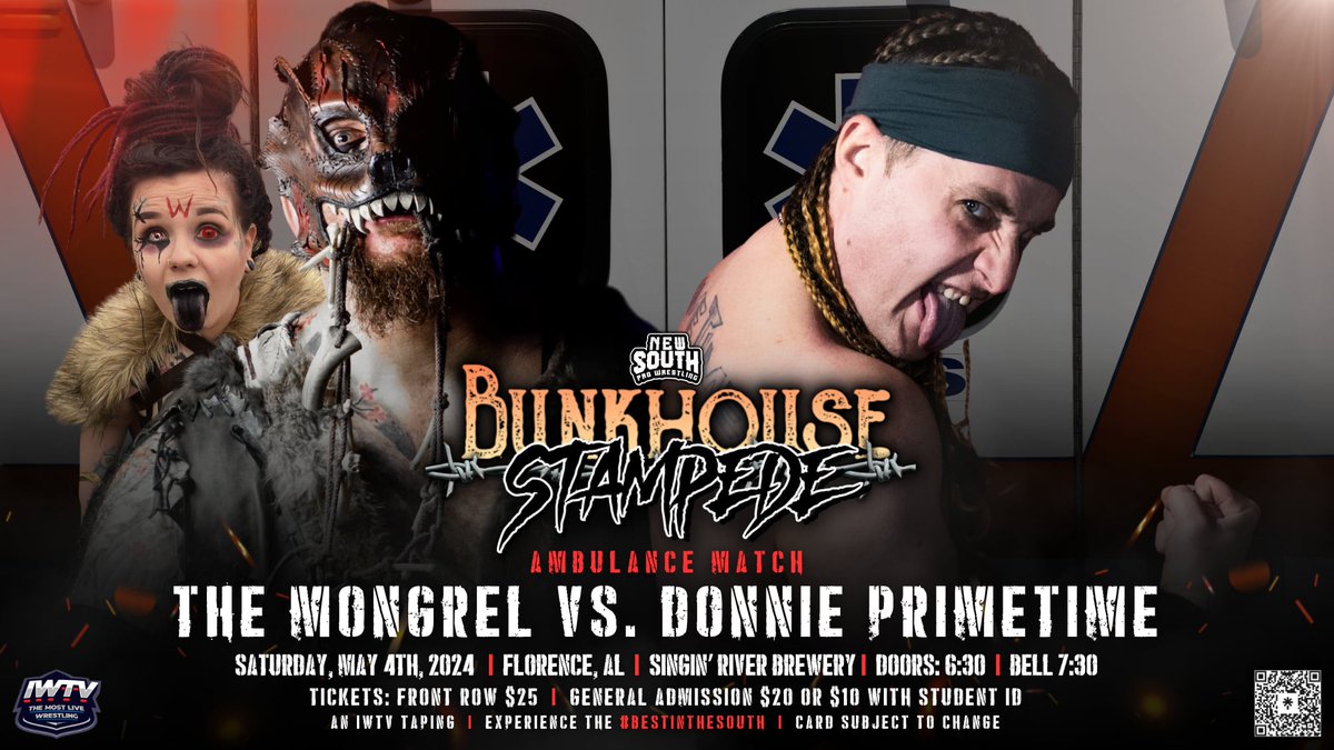 Good Morning @NewSouth_PW Fam! The 2nd row is just about Sold Out for May 4th's BUNKHOUSE STAMPEDE! Act NOW for best available seating! This event is our most HARDCORE night of the year! This year will be no exception as we will see @PRIMETIMEMESD1 Vs @TheMongrel94 with the…