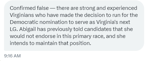 On-the-record statement from @SpanbergerForVA spokesman @ConnorJoseph on the @LevarStoney for LG campaign claiming/implying that there's a 'Spanberger-Stoney ticket' for 2025 bluevirginia.us/2024/04/wednes…