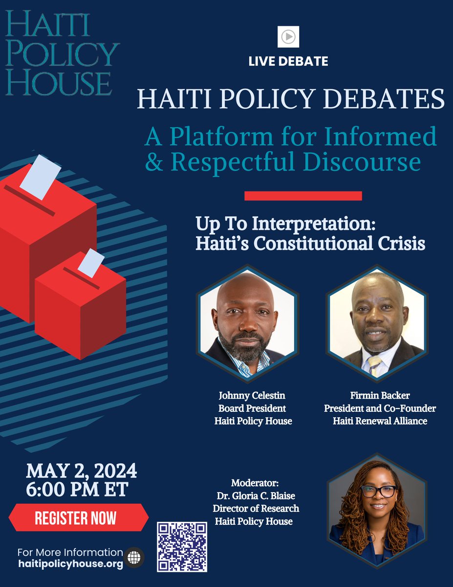 HaitiPolicyHouse (@haitipolhouse) on Twitter photo Join us on May 2nd for the inaugural session with Johnny Celestin, <a href="/HaitiDefend/">Defend Haiti's Democracy</a> and Firmin Backer as they debate on the constitutionality of the Presidential Council of Transition. This session will be moderated by <a href="/GloriaCBlaise/">Gloria Blaise, Ph.D</a>.
RSVP here: haitipolicyhouse.org/event-rsvp Join us on May 2nd for the inaugural session with Johnny Celestin, <a href="/HaitiDefend/">Defend Haiti's Democracy</a> and Firmin Backer as they debate on the constitutionality of the Presidential Council of Transition. This session will be moderated by <a href="/GloriaCBlaise/">Gloria Blaise, Ph.D</a>.
RSVP here: haitipolicyhouse.org/event-rsvp