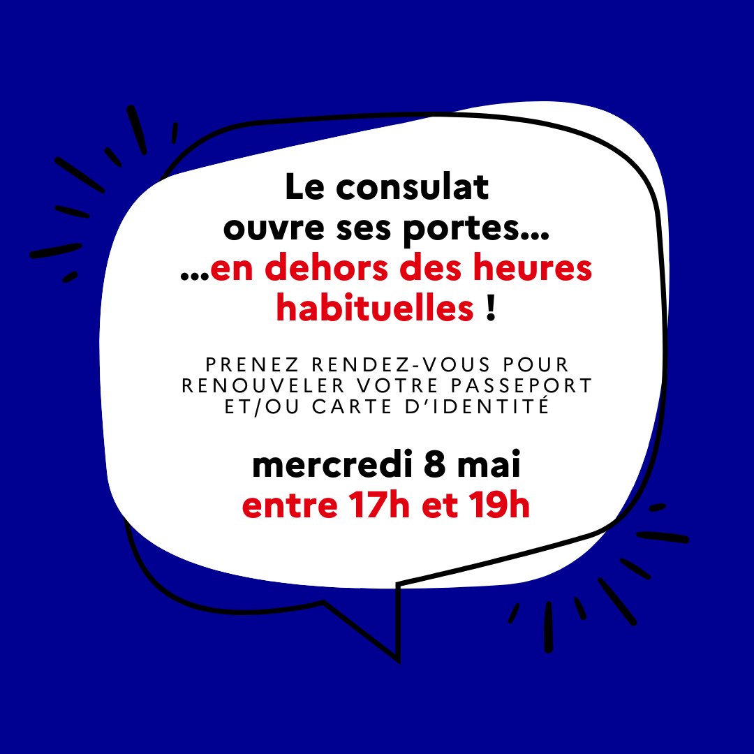 ⏱️ Parce que vos projets n'attendent pas, votre consulat restera exceptionnellement ouvert mercredi 8 mai jusqu'à 19h sur RDV uniquement. Inscrivez-vous au Registre afin de recevoir le lien de réservation pour prendre RDV avant le lancement officiel ! 👉 uk.ambafrance.org/Inscription-au…