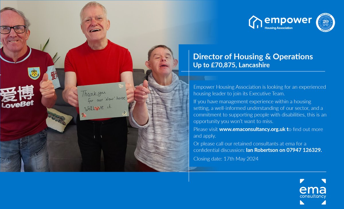 ema consultancy (@emaconsultancy) on Twitter photo <a href="/EmaConsultancy/">ema consultancy</a>  are delighted to partner <a href="/empowerhousing/">Empower Housing</a> to recruit a new Director of Housing and Operations (£70,875). To find out more information, please visit emaconsultancy.org.uk or for a confidential discussion, contact Ian Robertson on 07947 12632 <a href="/EmaConsultancy/">ema consultancy</a>  are delighted to partner <a href="/empowerhousing/">Empower Housing</a> to recruit a new Director of Housing and Operations (£70,875). To find out more information, please visit emaconsultancy.org.uk or for a confidential discussion, contact Ian Robertson on 07947 12632