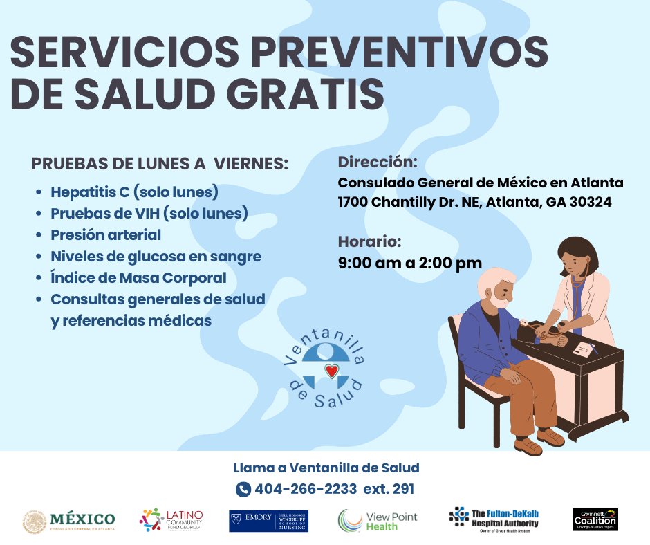 #TuConsulMexAtl y la Ventanilla de Salud Atlanta invitan a toda la comunidad a acudir a nuestras instalaciones para recibir servicios de salud preventiva gratis.  ¡Visítanos y aprovecha para cuidar tu salud! #VentanillaDeSaludAtlanta
@IME_SRE