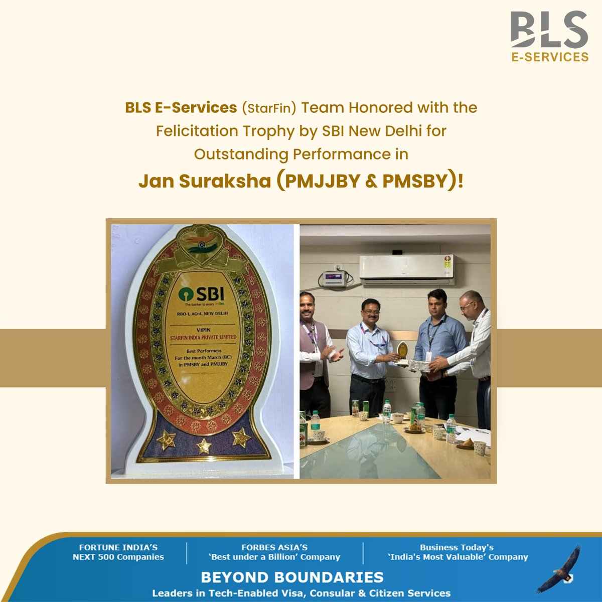 We're honored to announce that the BLS E-Services (StarFin) team received the Best Performance trophy from SBI Regional Office, New Delhi, for Jan Suraksha (PMJJBY & PMSBY). Thanks, SBI, for this recognition!

#BLS_EServices #StarFin #SBI #JanSuraksha #PMJJBY #PMSBY