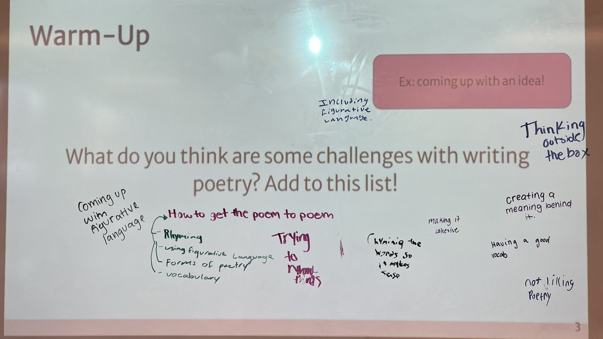 LockwoodEnglish's tweet photo. A few weeks ago, students shared some concerns when it comes to writing poetry. After discussing types of poems, annotating poems together, and considering structure, students are writing their own poetry! https://t.co/BMt6xWpaaL