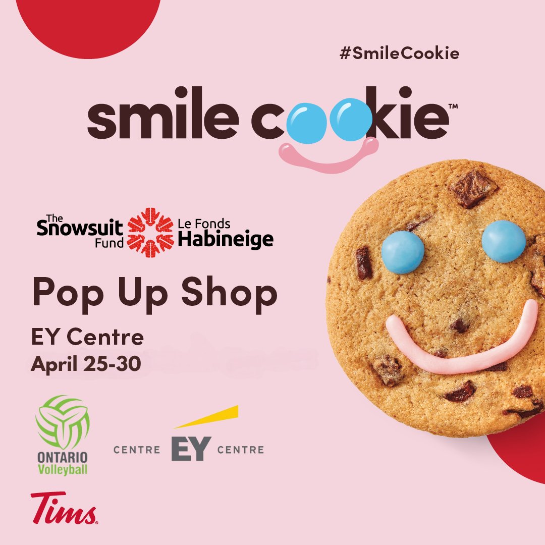 🍪 Visit the #SmileCookie Pop-up at @EYCanada  
⚽️ From April 25-30, @SnowsuitFund volunteers will be selling Smile Cookies during the Ontario Youth Volleyball Championships. 
#ShareTheWarmth   @TimHortons @ova_updates 
snowsuitfund.com/tim-hortons-sm…