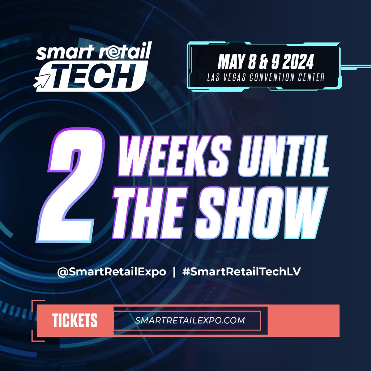 SmartRetail_US's tweet photo. 𝟮 𝗪𝗲𝗲𝗸𝘀 𝗧𝗼 𝗚𝗼!
With only 14 days to go until we transform the Las Vegas Convention Center on May 8th &amp; 9th, tickets are now 𝗟𝗜𝗠𝗜𝗧𝗘𝗗 so make sure to secure yours now before time runs out!
🎫Ticket Link: https://t.co/bm8xMzYGEj
 👋Promo Code: SRT
#SmartRetailTechLV https://t.co/XULW032iqK