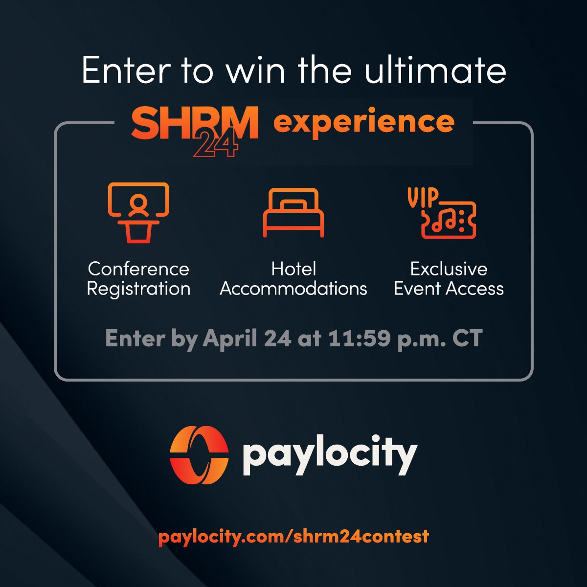 Clock's ticking! ⏰ Last chance to join our #SHRM24 contest. Snag your unique Paylocity experience in Chicago. Don't miss out - Enter by tonight! Submit here >> bit.ly/3PSU8IQ