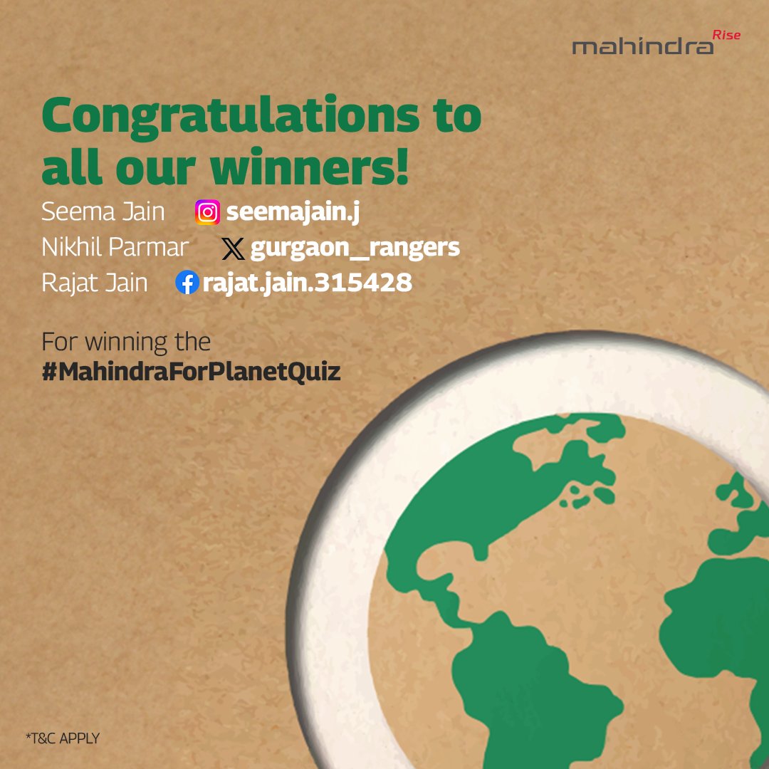 Congratulations to the winners of the #MahindraForPlanetQuiz! Please DM us your contact details. Thank you, everyone, for participating, stay tuned for more opportunities!